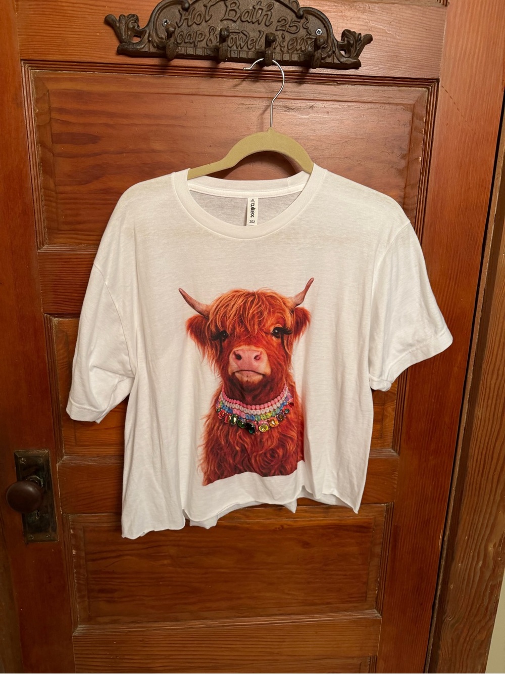 Blingy White Graphic Tee with Red Highland Cow Print